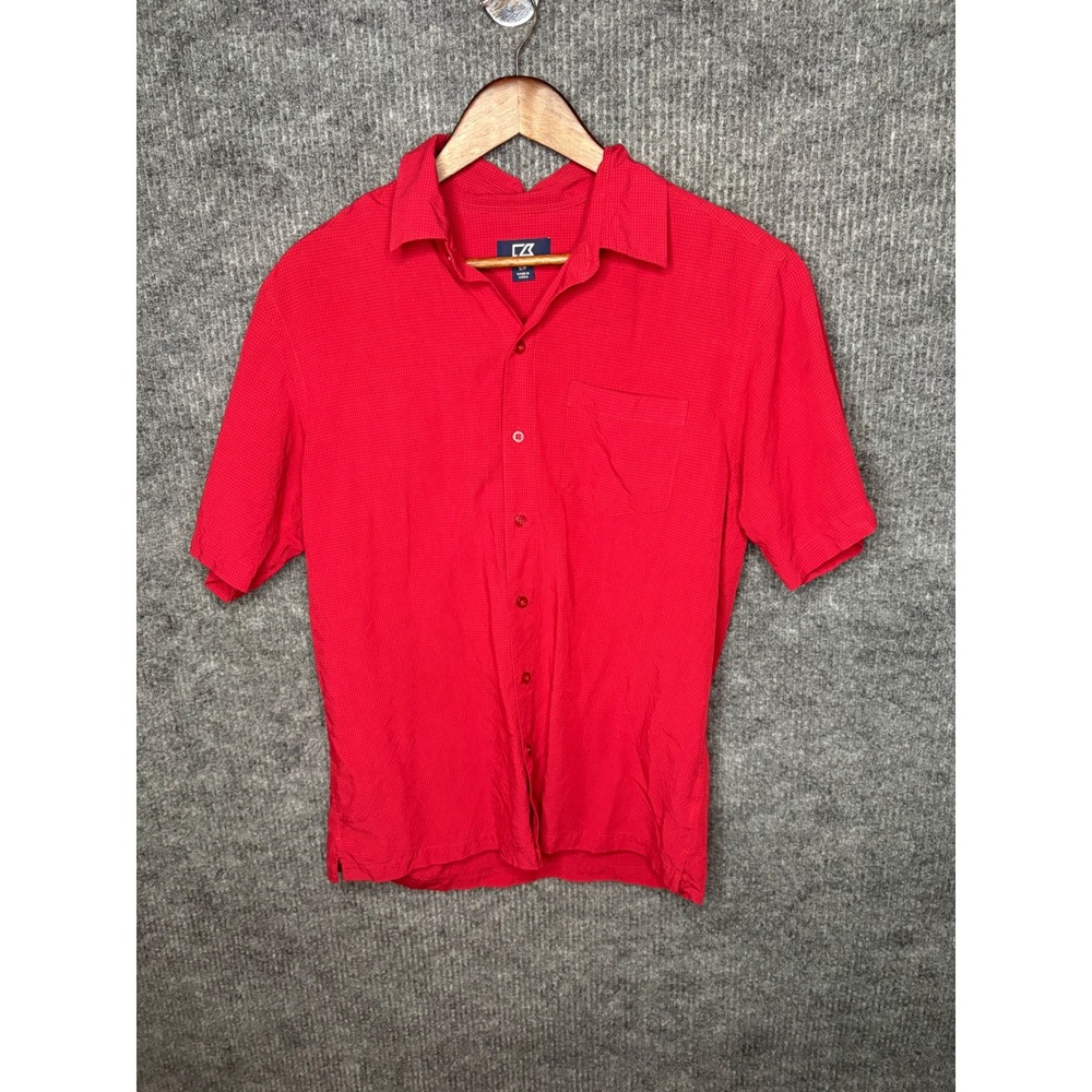 Cutter & Buck Mens Small Red Micro Check Short Sleeve Button Down Shirt Pocket